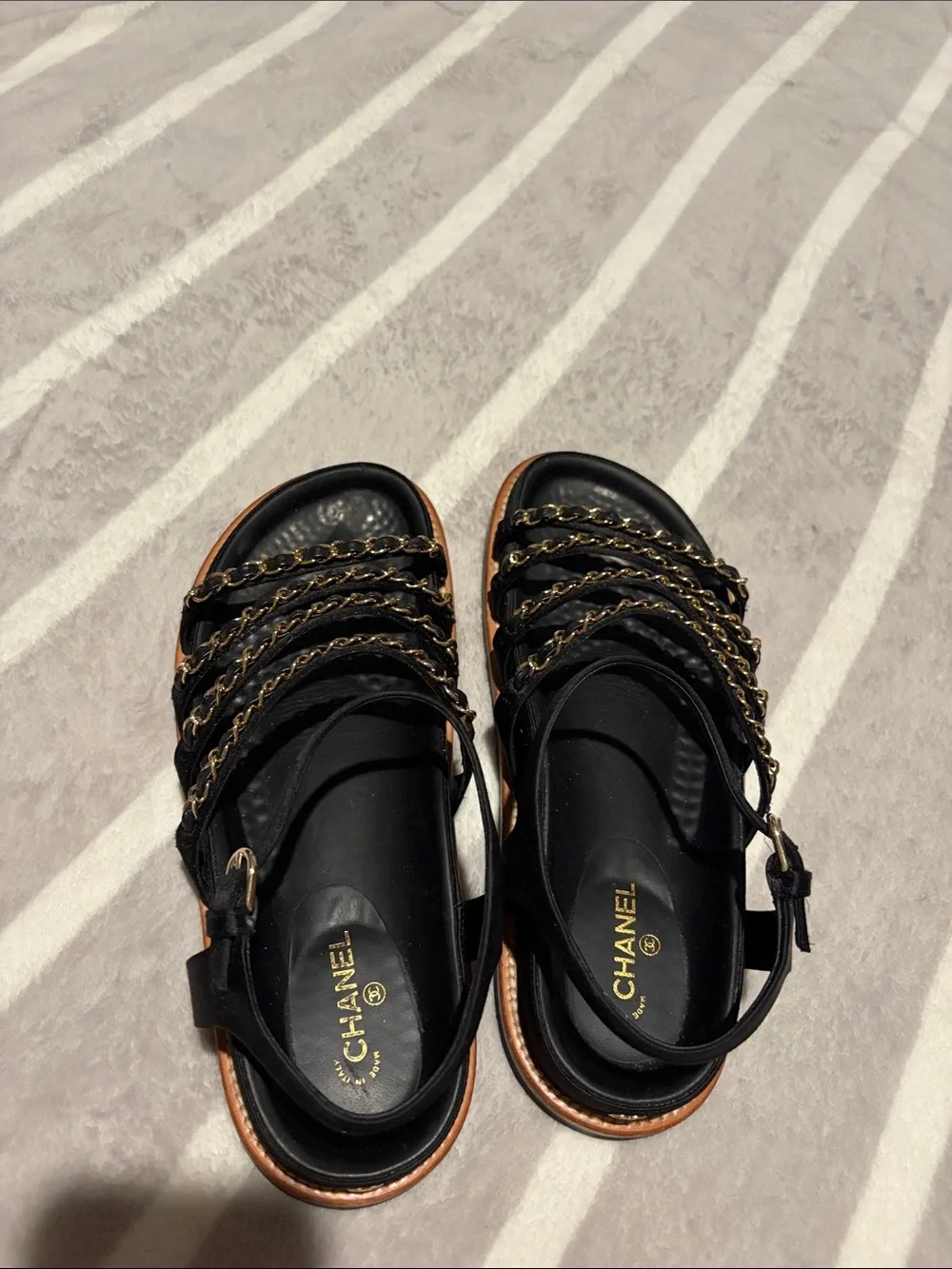 CHANEL Black and Gold Chain-Strap Women’s Sandals
